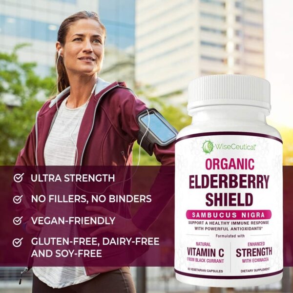 Max Strength USDA Organic Black Elderberry, Black Currant Extract & Echinacea | 3 in 1 Natural Immune Support & Vitamin C | Sugar-Free, Vegan-Friendly | Homeopathic Remedy | 60 Count