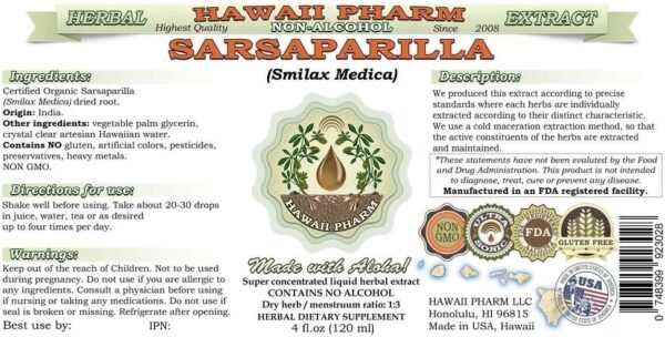 Hawaii Pharm Sarsaparilla Alcohol-Free Liquid Extract, Sarsaparilla (Smilax Medica) Dried Root Glycerite Natural Herbal Supplement, USA 2 fl.oz