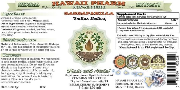 Hawaii Pharm Sarsaparilla Alcohol-Free Liquid Extract, Sarsaparilla (Smilax Medica) Dried Root Glycerite Natural Herbal Supplement, USA 2 fl.oz