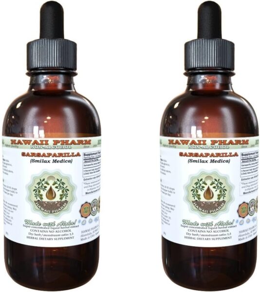 Hawaii Pharm Sarsaparilla Alcohol-Free Liquid Extract, Sarsaparilla (Smilax Medica) Dried Root Glycerite Natural Herbal Supplement, USA 2 fl.oz