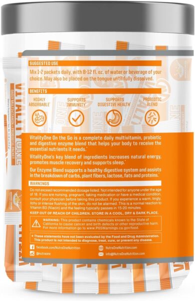 NutraOne VitalityOne On The Go Complete Multivitamin, Probiotic and Enzyme Blend Orange Cream – 30 Servings