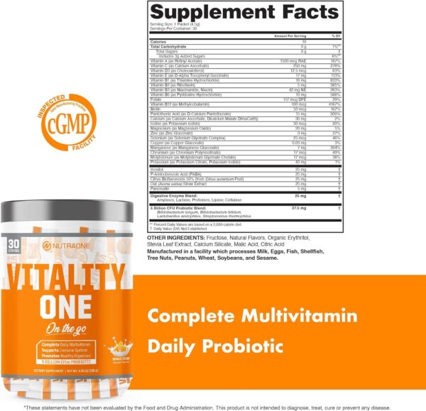 NutraOne VitalityOne On The Go Complete Multivitamin, Probiotic and Enzyme Blend Orange Cream – 30 Servings