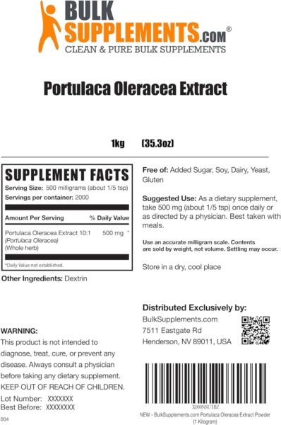 BulkSupplements.com Purslane Extract Powder – Portulaca Oleracea Extract, Purslane Supplements – from Purslane Herb, Gluten Free, 500mg per Serving, 500g (1.1 lbs) (Pack of 1)