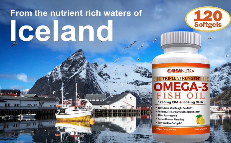 Omega-3 bottle in Iceland harbor with boat, mountain and birds in bg, 120 softgels