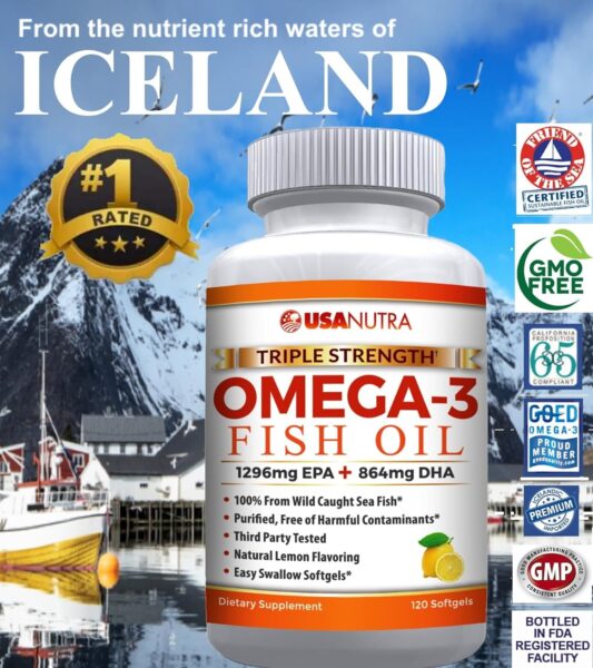 Omega 3 Fish Oil Triple Strength 3600mg Icelandic Fish Oil 120 Capsules. Made in The USA