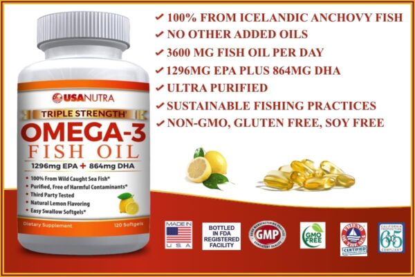 Omega 3 Fish Oil Triple Strength 3600mg Icelandic Fish Oil 120 Capsules. Made in The USA