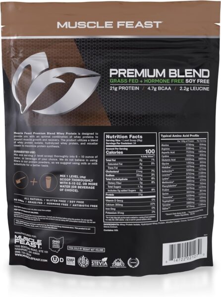 Muscle Feast Premium Blend All Natural Hormone Free Grass-Fed Whey Protein Powder, Chocolate, 2lb