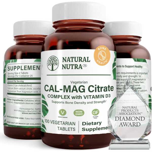 Natural Nutra Cal-Mag Citrate with Vitamin D3,1000/500 mg Complex, Strengthen Bone Density, Muscle and Nerve Health, Highly Bioavailable Sources, 100 Vegan Tablets