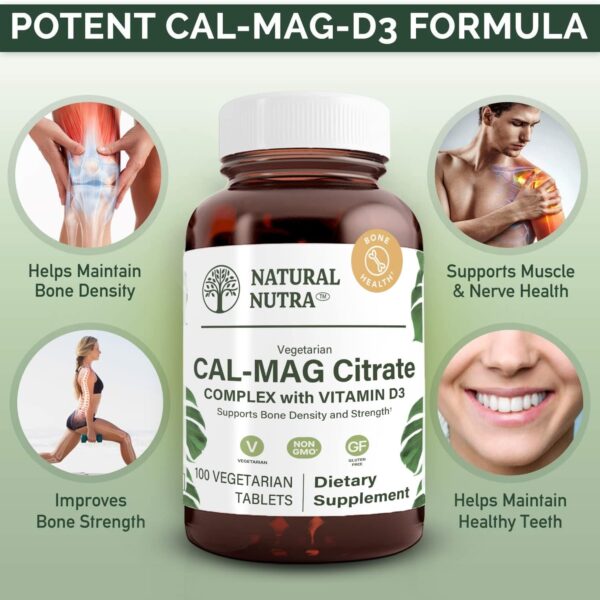 Natural Nutra Cal-Mag Citrate with Vitamin D3,1000/500 mg Complex, Strengthen Bone Density, Muscle and Nerve Health, Highly Bioavailable Sources, 100 Vegan Tablets