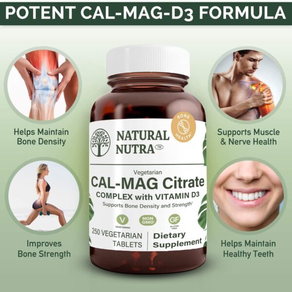 Natural Nutra Cal-Mag Citrate with Vitamin D3,1000/500 mg Complex, Strengthen Bone Density, Muscle and Nerve Health, Highly Bioavailable Sources, 100 Vegan Tablets