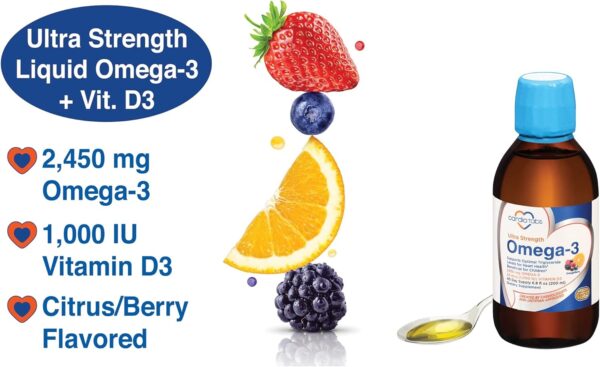 Ultra Strength Liquid Omega-3 + Vitamin D3, Fish Oil Supplements 4,500mg Omega-3 Marine Oil from Fish Oil and Calamarine, 2,130mg DHA and EPA, 1,000 IU of Vitamin D3-6.8 fl oz