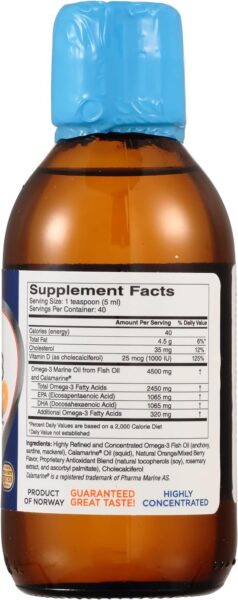 Ultra Strength Liquid Omega-3 + Vitamin D3, Fish Oil Supplements 4,500mg Omega-3 Marine Oil from Fish Oil and Calamarine, 2,130mg DHA and EPA, 1,000 IU of Vitamin D3-6.8 fl oz