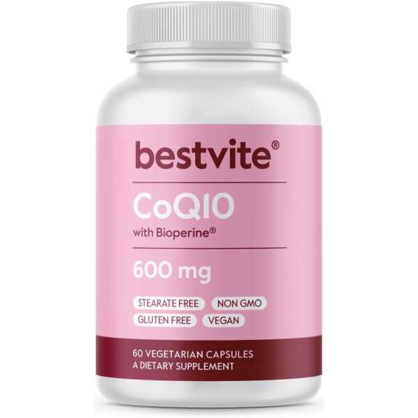 BESTVITE Coenzyme CoQ10 600mg per Capsule with Bioperine (60 Vegetarian Capsules) Naturally Fermented – No Titanium Dioxide – No Fillers – No Stearates – Vegan – Gluten Free – Non GMO