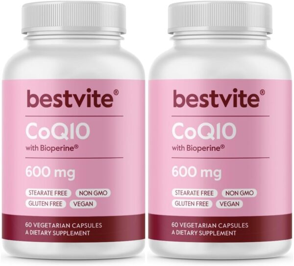 BESTVITE Coenzyme CoQ10 600mg per Capsule with Bioperine (60 Vegetarian Capsules) Naturally Fermented – No Titanium Dioxide – No Fillers – No Stearates – Vegan – Gluten Free – Non GMO