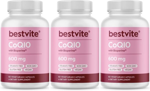 BESTVITE Coenzyme CoQ10 600mg per Capsule with Bioperine (60 Vegetarian Capsules) Naturally Fermented – No Titanium Dioxide – No Fillers – No Stearates – Vegan – Gluten Free – Non GMO