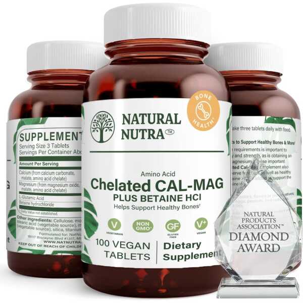 Natural Nutra Chelated Cal Mag 1000/500 mg Supplement Plus Betaine HCL, Improves Bone Strength and Density, Muscle Health, Teeth, Supports Cardiovascular System, Nerve Health, 100 Vegan Tablet