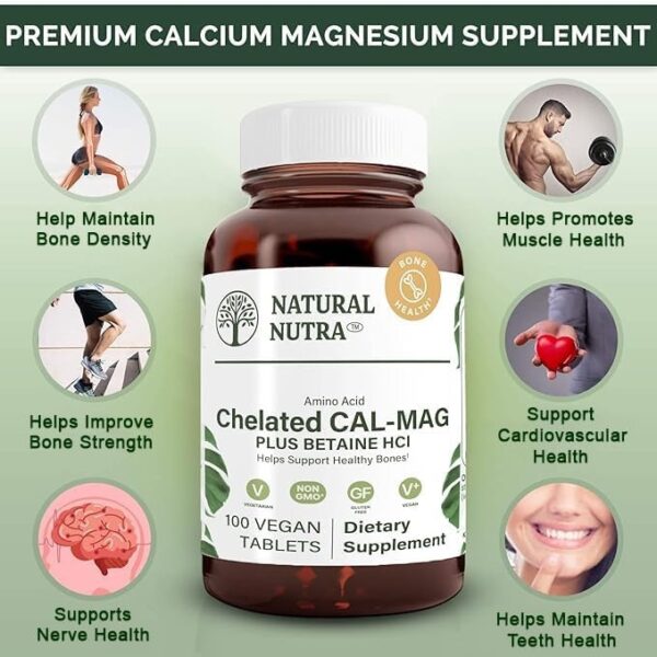 Natural Nutra Chelated Cal Mag 1000/500 mg Supplement Plus Betaine HCL, Improves Bone Strength and Density, Muscle Health, Teeth, Supports Cardiovascular System, Nerve Health, 100 Vegan Tablet