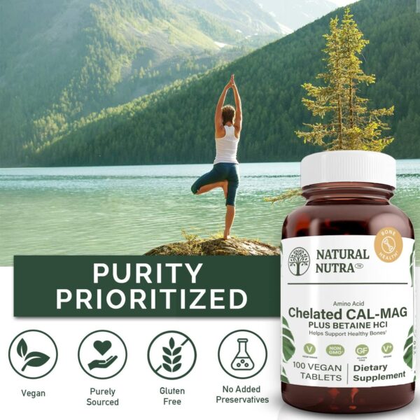 Natural Nutra Chelated Cal Mag 1000/500 mg Supplement Plus Betaine HCL, Improves Bone Strength and Density, Muscle Health, Teeth, Supports Cardiovascular System, Nerve Health, 100 Vegan Tablet