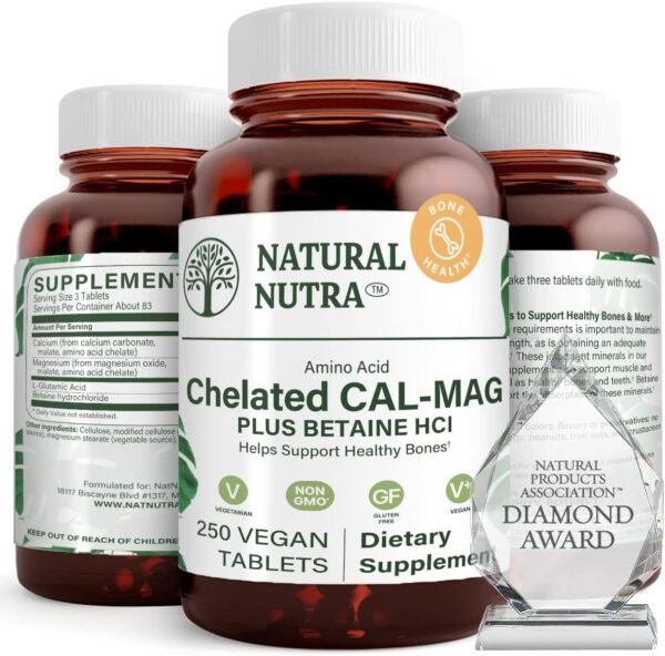 Natural Nutra Chelated Cal Mag 1000/500 mg Supplement Plus Betaine HCL, Improves Bone Strength and Density, Muscle Health, Teeth, Supports Cardiovascular System, Nerve Health, 100 Vegan Tablet