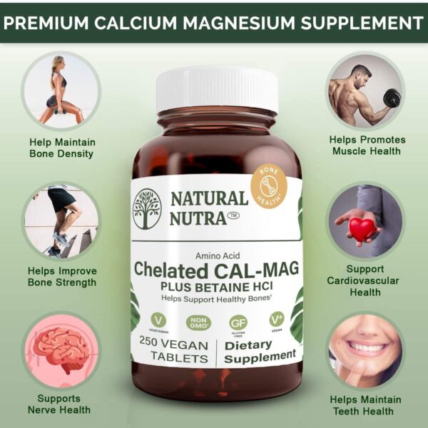 Natural Nutra Chelated Cal Mag 1000/500 mg Supplement Plus Betaine HCL, Improves Bone Strength and Density, Muscle Health, Teeth, Supports Cardiovascular System, Nerve Health, 100 Vegan Tablet