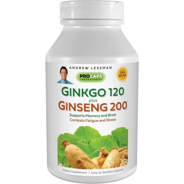 ANDREW LESSMAN Ginkgo 120 Plus Ginseng 200-30 Capsules – Standardized Extract Blend to Support Brain, Memory and Cognitive Function. Adaptogen, Combats Stress and Fatigue. No Additives