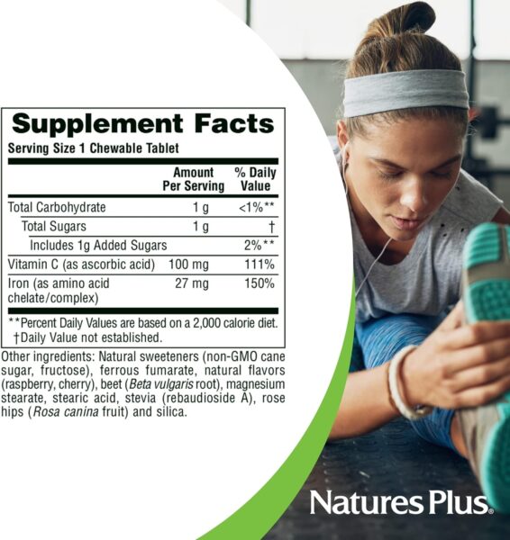 NaturesPlus Chewable Iron – 27 mg, 90 Chewable Tablets – High Potency Supplement with Vitamin C & Herbs, Promotes Healthy Blood, Natural Energy – Vegetarian, Gluten-Free – 90 Servings