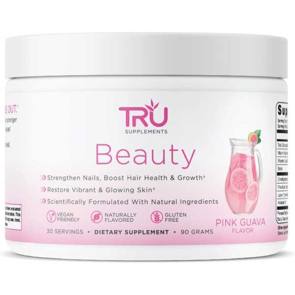 TRU Beauty – Biotin and Vitamin Powder for Hair Growth, Strong Nails, and Healthy Skin | Natural Formula, Vegan Friendly, Gluten-Free, Sugary Gummy Bear Replacement | 30 Servings | Pink Guava Flavor