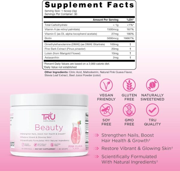 TRU Beauty – Biotin and Vitamin Powder for Hair Growth, Strong Nails, and Healthy Skin | Natural Formula, Vegan Friendly, Gluten-Free, Sugary Gummy Bear Replacement | 30 Servings | Pink Guava Flavor