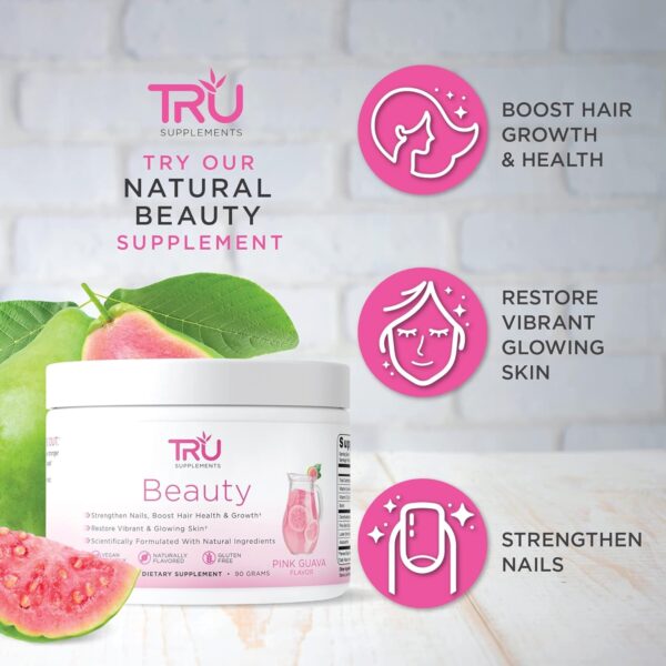 TRU Beauty – Biotin and Vitamin Powder for Hair Growth, Strong Nails, and Healthy Skin | Natural Formula, Vegan Friendly, Gluten-Free, Sugary Gummy Bear Replacement | 30 Servings | Pink Guava Flavor