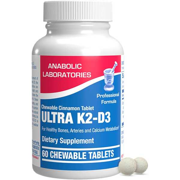 Anabolic Laboratories Ultra K2 D3 Vitamin Supplement – 60 Chewable Cinnamon Tablets – 2000 IU Vitamin D3 with K2 for Healthy Bones, Arteries, and Calcium Metabolism