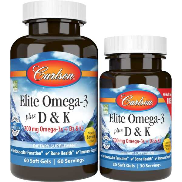 Carlson – Elite Omega-3 Plus D & K, 700 mg Omega-3s + D3 & K2, Function, Bone Health & Immune Support, Lemon, 60+30 Softgel