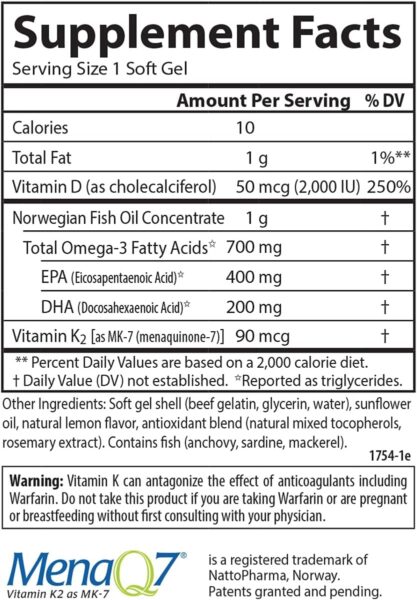 Carlson – Elite Omega-3 Plus D & K, 700 mg Omega-3s + D3 & K2, Function, Bone Health & Immune Support, Lemon, 60+30 Softgel