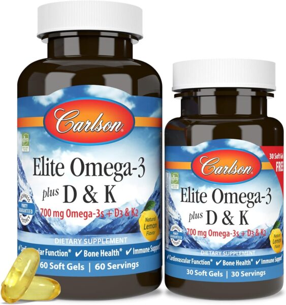 Carlson – Elite Omega-3 Plus D & K, 700 mg Omega-3s + D3 & K2, Function, Bone Health & Immune Support, Lemon, 60+30 Softgel