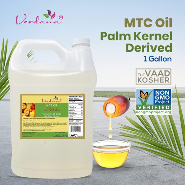 Verdana MCT Oil –Palm Kernel Derived– Kosher Food Grade – Vegan – Non GMO– Used for Keto, Paleo, Sports Nutrition, Aromatherapy, Massage – (1 Gallon)