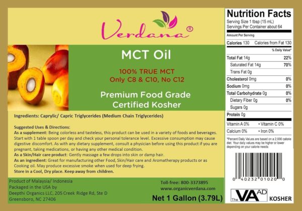 Verdana MCT Oil –Palm Kernel Derived– Kosher Food Grade – Vegan – Non GMO– Used for Keto, Paleo, Sports Nutrition, Aromatherapy, Massage – (1 Gallon)