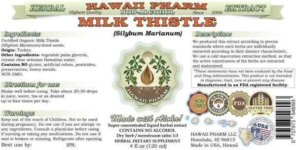 Hawaii Pharm Milk Thistle Alcohol-Free Liquid Extract, Organic Milk Thistle (Silybum marianum) Dried Seed Glycerite Natural Herbal Supplement, USA 2×2 oz