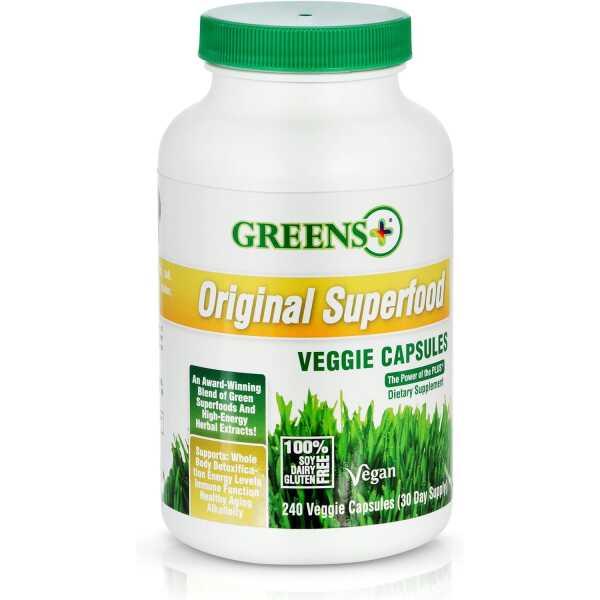 Greens+ Organic Superfood Super Greens Veggie Capsules with Organic Chlorella, Spirulina, Alfalfa & Wheat Grass, Blended Vitamin & Mineral, Supplement, Non GMO, Vegan, Gluten Free, 240 caps