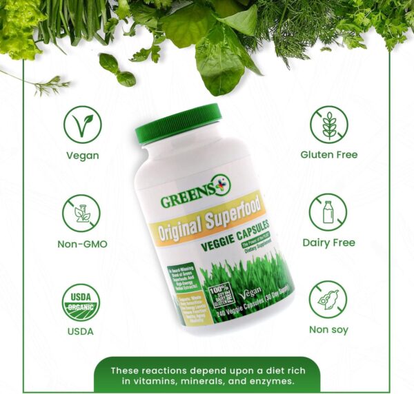 Greens+ Organic Superfood Super Greens Veggie Capsules with Organic Chlorella, Spirulina, Alfalfa & Wheat Grass, Blended Vitamin & Mineral, Supplement, Non GMO, Vegan, Gluten Free, 240 caps