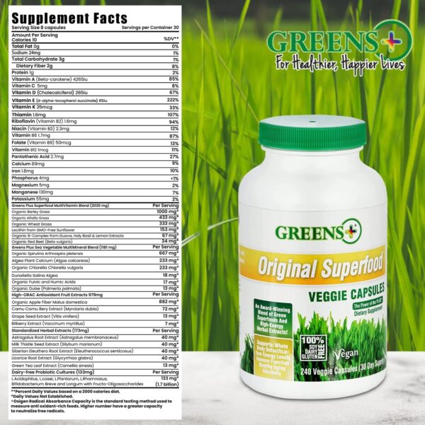 Greens+ Organic Superfood Super Greens Veggie Capsules with Organic Chlorella, Spirulina, Alfalfa & Wheat Grass, Blended Vitamin & Mineral, Supplement, Non GMO, Vegan, Gluten Free, 240 caps