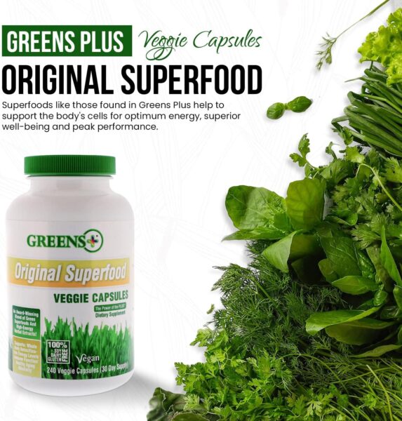 Greens+ Organic Superfood Super Greens Veggie Capsules with Organic Chlorella, Spirulina, Alfalfa & Wheat Grass, Blended Vitamin & Mineral, Supplement, Non GMO, Vegan, Gluten Free, 240 caps