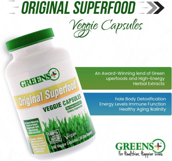 Greens+ Organic Superfood Super Greens Veggie Capsules with Organic Chlorella, Spirulina, Alfalfa & Wheat Grass, Blended Vitamin & Mineral, Supplement, Non GMO, Vegan, Gluten Free, 240 caps