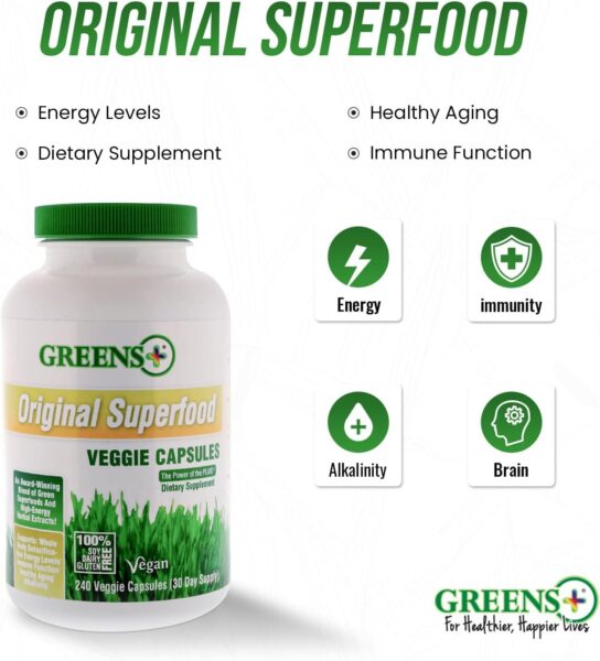 Greens+ Organic Superfood Super Greens Veggie Capsules with Organic Chlorella, Spirulina, Alfalfa & Wheat Grass, Blended Vitamin & Mineral, Supplement, Non GMO, Vegan, Gluten Free, 240 caps