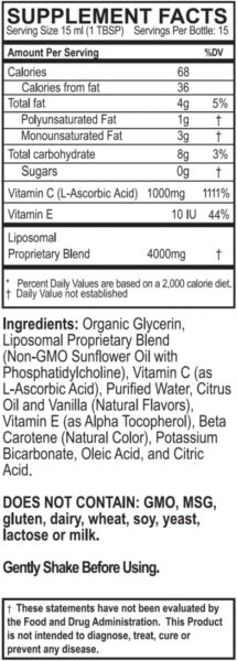 Vitamin C Liquid Supplement 1000mg per Serving, Micelle Liposomal Enhanced Absorption, Non-GMO, Gluten Free, Vegan, 15 Day Supply