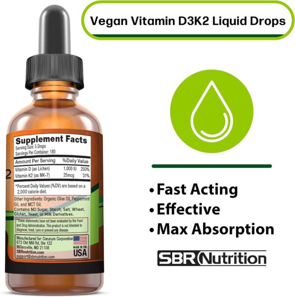 Vegan Vitamin D3 + K2 (MK-7) Liquid Drops with MCT Oil, Peppermint Flavor, Helps Support Strong Bones and Healthy Heart