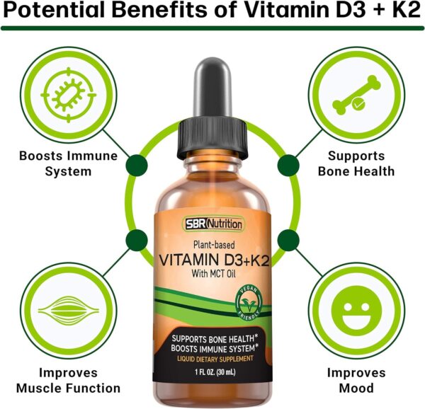 Vegan Vitamin D3 + K2 (MK-7) Liquid Drops with MCT Oil, Peppermint Flavor, Helps Support Strong Bones and Healthy Heart