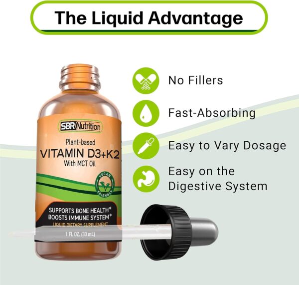 Vegan Vitamin D3 + K2 (MK-7) Liquid Drops with MCT Oil, Peppermint Flavor, Helps Support Strong Bones and Healthy Heart