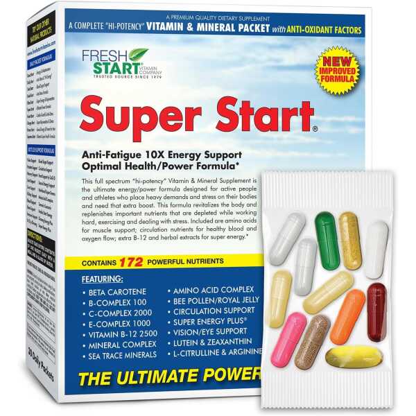 Super Start Complete Daily Vitamin Pack | 10X Energy & Stamina Booster, Muscle Support | Vitamin A, B, C, D, E, B12, Minerals, Amino Acids, Bee Pollen, Ashwagandha, Panax Ginseng (30 Packets)