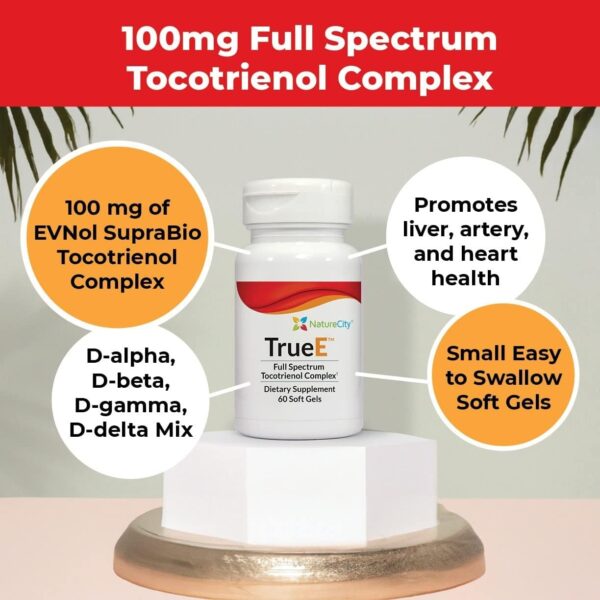 True-E Full Spectrum Tocotrienols Vitamin E Capsules | Non-GMO Natural Vitamin E Tocotrienols & Alpha Tocopherol Dietary Supplement | Evnol Suprabio Complex | 60 Vitamin E 27mg Softgels