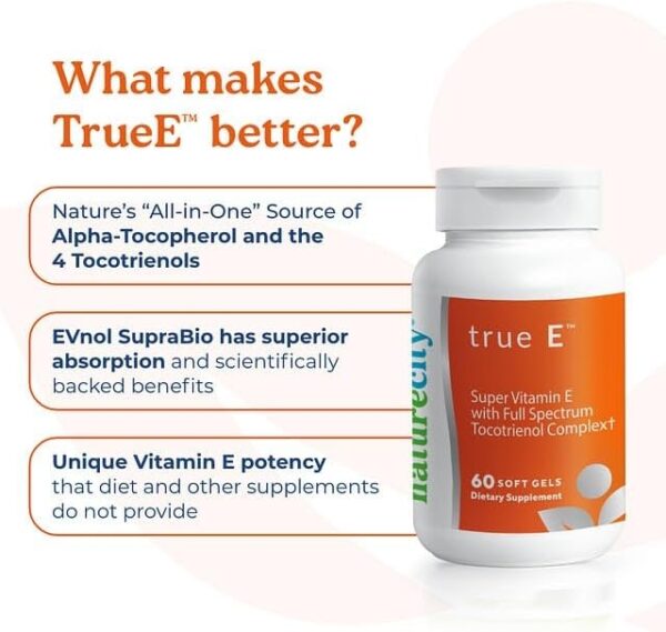 True-E Full Spectrum Tocotrienols Vitamin E Capsules | Non-GMO Natural Vitamin E Tocotrienols & Alpha Tocopherol Dietary Supplement | Evnol Suprabio Complex | 60 Vitamin E 27mg Softgels