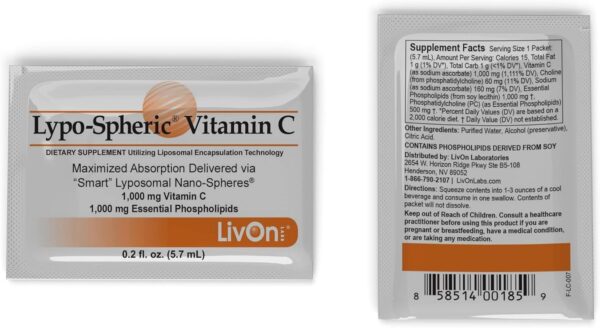 LivOn Laboratories Lypo–Spheric Vitamin C – 6 Cartons (180 Packets) – 1,000 mg Vitamin C & 1,000 mg Essential Phospholipids Per Packet – Liposome Encapsulated for Improved Absorption – 100% Non–GMO